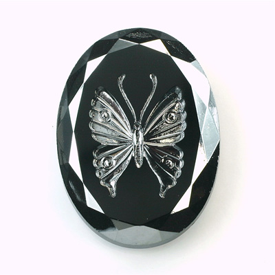 Glass Flat Back Intaglio Butterfly - Oval 40x30MM HEMATITE ON JET