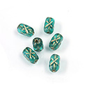 Czech Pressed Glass Engraved Bead - Rectangle 6x4MM GOLD/EMERALD