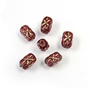 Czech Pressed Glass Engraved Bead - Rectangle 6x4MM GOLD/RUBY