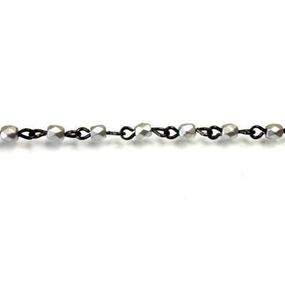 Linked Bead Chain Rosary Style with Glass Fire Polish Bead - Round 3MM MATTE SILVER-JET