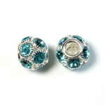 Rhinestone Bead with Large Hole Silver Plated Center - Round 14MM AQUA SILVER