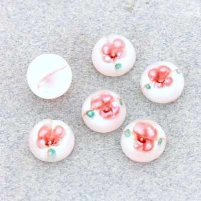 Glass Medium Dome Lampwork Cabochon - Round 10MM PINK ON WHITE (04863)