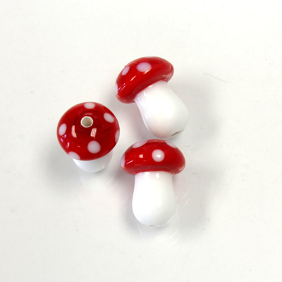 Czech Glass Lampwork Bead - Mushroom 14MM RED WHITE