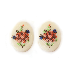 German Plastic Porcelain Decal Painting - PETIT POINT, Cross Stitch Look -Flower Oval 18x13MM PINK Rose ON WHITE BASE