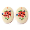 German Plastic Porcelain Decal Painting - PETIT POINT, Cross Stitch Look -Flower Oval 25x18MM PINK Rose ON WHITE BASE