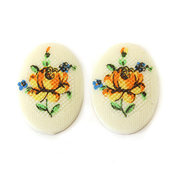 German Plastic Porcelain Decal Painting - PETIT POINT, Cross Stitch Look -Flower Oval 25x18MM YELLOW Rose ON WHITE BASE