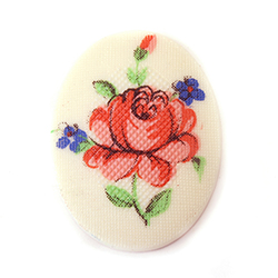 German Plastic Porcelain Decal Painting - PETIT POINT, Cross Stitch Look -Flower Oval 40x30MM PINK Rose ON WHITE BASE