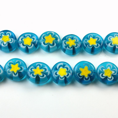 Glass Millefiori Bead - Flat Round 10x4MM AQUA WHITE YELLOW (13)