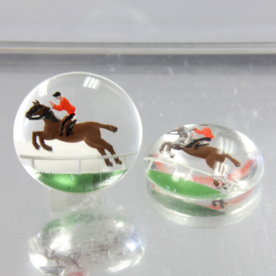 Glass Crystal Painting with Carved Intaglio Jumping Horse Round 18MM NATURAL on CRYSTAL
