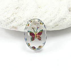 German Glass Engraved Buff Top Intaglio Pendant - Butterfly Oval 14x10MM CRYSTAL HELIO RED