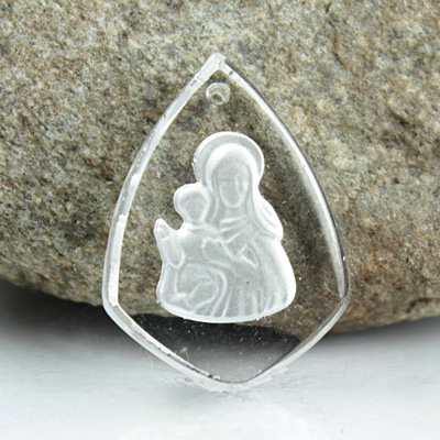 German Glass Engraved Buff Top Intaglio Pendant - Madonna Shield 25x18MM MATTE CRYSTAL