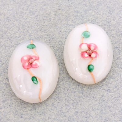 Glass Medium Dome Lampwork Cabochon - Oval 25x18MM PINK ON WHITE (04863)