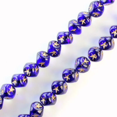 Glass Engraved Cube Bead - GOLD/COBALT 07MM