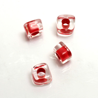 Plastic Bead - Color Lined Smooth Large Hole Square 6x9MM CRYSTAL RED LINE