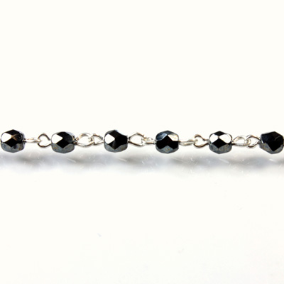 Linked Bead Chain Rosary Style with Glass Fire Polish Bead - Round 4MM HEMATITE-SILVER