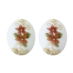 German Glass Porcelain Decal Painting - BROWN AND PURPLE FLOWERS Oval 30x22MM CHALKWHITE BASE