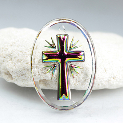 Preciosa Glass Pendant Engraved Smooth Top with Intaglio Back Cross Oval 25x18MM CRYSTAL HELIO RED