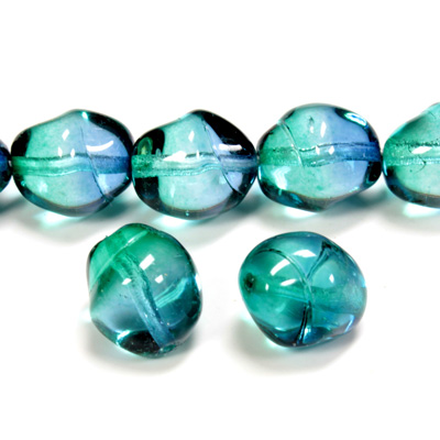 Czech Pressed Glass Bead - Baroque Oval 13x11MM BLUE-GREEN 69004