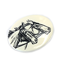 German Plastic Porcelain Decal Painting - 2 Horses Scrimshaw Style Oval 40x30MM BLACK ON IVORY BASE