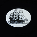 German Plastic Porcelain Decal Painting - Clipper ship Scrimshaw Style Oval 40x30MM BLACK ON CHALKWHITE BASE