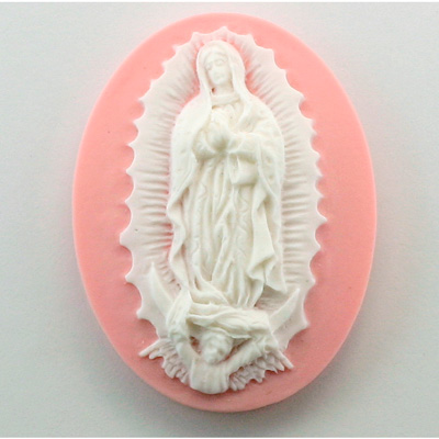 Plastic Cameo - Virgin of Guadalupe Oval 40x30MM WHITE ON PINK