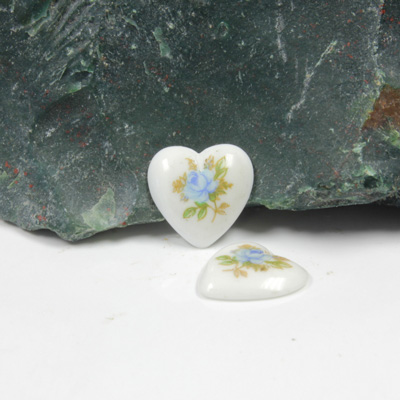 Japanese Glass Porcelain Decal Painting - Rose Heart 12x11MM BLUE ON CHALKWHITE