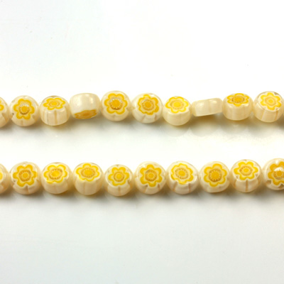 Glass Millefiori Bead - Flat Round 06x3MM WHITE YELLOW (43)