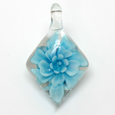 Glass Lampwork Pendant - 40x30mm Kite Flower AQUA on CRYSTAL