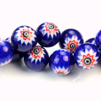 Glass Millefiori Bead - Round 12MM BLUE WHITE RED (28)