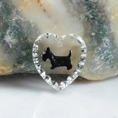 German Glass Engraved Buff Top Intaglio Pendant - DOG, Scotty Heart 15x14MM CRYSTAL BLACK