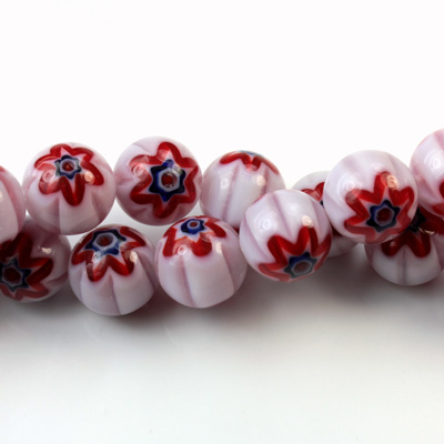 Glass Millefiori Bead - Round 10MM WHITE RED BLACK (03)