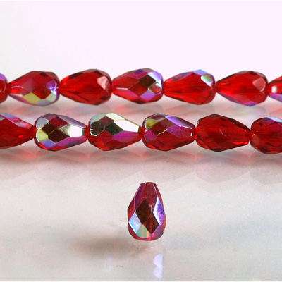 Czech Glass Fire Polish Bead - Pear 10x7MM RUBY AB