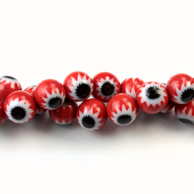 Glass Millefiori Bead - Round 08MM LT RED WHITE BLACK (31)