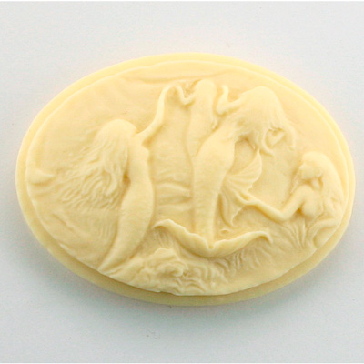 Plastic Cameo - Mermaids Swimming Oval 40x30MM IVORY ON IVORY