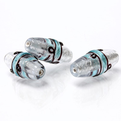 Czech Glass Lampwork Bead - Oval 24x9MM ART DECO AQUA with SILVER FOIL