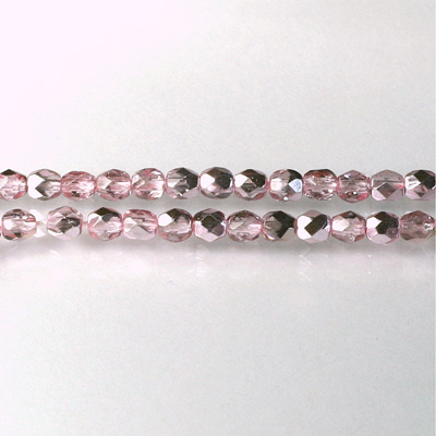 Czech Glass Fire Polish Bead - Round 04MM 1/2 Coated CRYSTAL/LT PINK