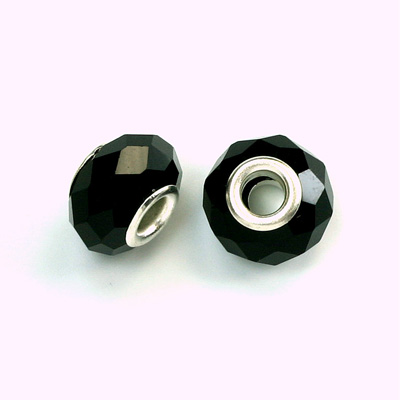 Glass Faceted Bead with Large Hole Silver Plated Center - Round 14x9MM JET