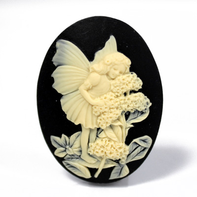 Plastic Cameo - Fairy with Flowers Oval 40x30MM IVORY ON BLACK