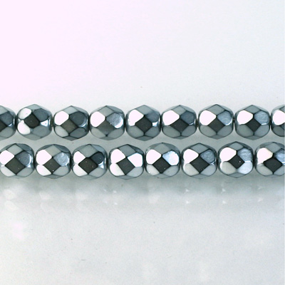 Czech Glass Pearl Faceted Fire Polish Bead - Round 06MM SILVER ON BLACK 72101