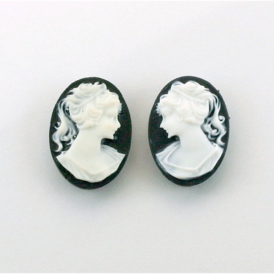 Plastic Cameo - Woman with Ponytail Oval 18x13MM WHITE ON BLACK