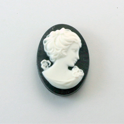 Plastic Cameo - Woman with Bow Oval 25x18MM WHITE ON BLACK