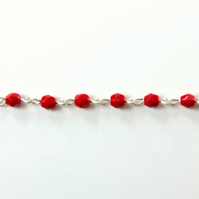 Linked Bead Chain Rosary Style with Glass Fire Polish Bead - Round 4MM RED-SILVER