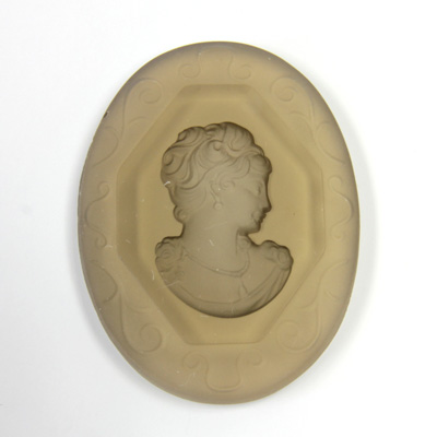 German German Glass Flat Back Reverse Carved Intaglio Back Woman's Head - Oval 40x30MM MATTE LT SMOKE TOPAZ