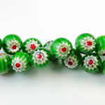 Glass Millefiori Bead - Round 10MM GREEN WHITE RED (09)