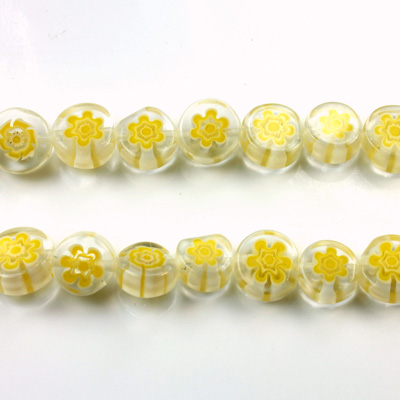 Glass Millefiori Bead - Flat Round 08x4MM WHITE YELLOW (43)