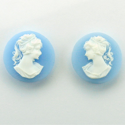 Plastic Cameo - Woman with Ponytail Round 18MM WHITE ON BLUE