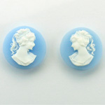 Plastic Cameo - Woman with Ponytail Round 18MM WHITE ON BLUE