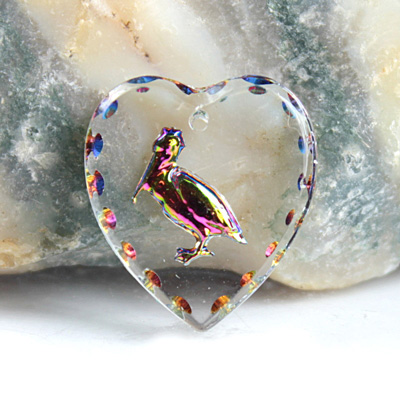 German Glass Engraved Buff Top Intaglio Pendant - PELICAN Heart Shape 20x18MM CRYSTAL HELIO RED