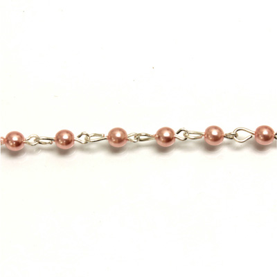 Linked Bead Chain Rosary Style with Glass Pearl Bead - Round 4MM LT PINK-SILVER