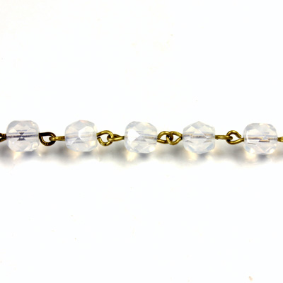 Linked Bead Chain Rosary Style with Glass Fire Polish Bead - Round 6MM WHITE OPAL-Brass